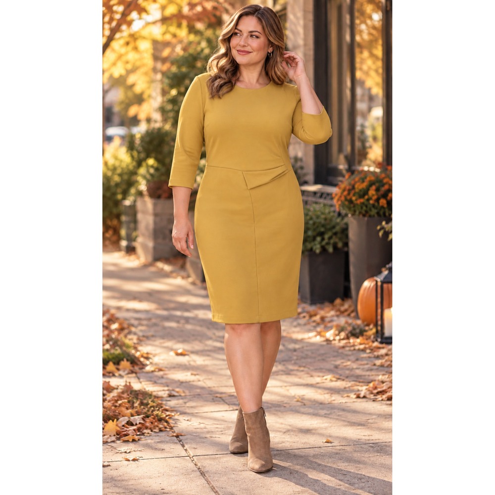 Calvin Klein Elegant Scuba Crepe Mustard Yellow Dress Zip up Rucking Detail 12